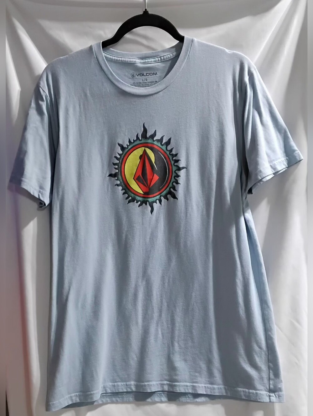 Volcom Light Blue Sunbeam Logo Mens Graphic Print Tshirt Size Large